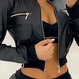 PU Leather Zipper Front Short Jacket