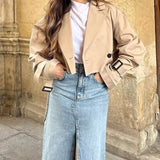 Khaki Loose Short Trench Coat 2025 Spring Fashion Solid Crop Ladies High Street Oversized Outwear Jacket