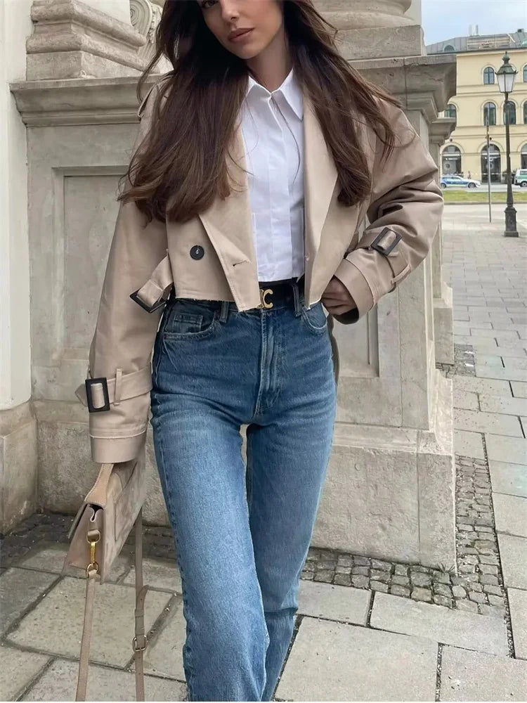 Khaki Loose Short Trench Coat 2025 Spring Fashion Solid Crop Ladies High Street Oversized Outwear Jacket