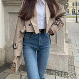Khaki Loose Short Trench Coat 2025 Spring Fashion Solid Crop Ladies High Street Oversized Outwear Jacket