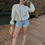 Fashion Beige Sequined Elegant Oversized Zipper Bomber Ladies Female 2025 Spring Loose Outwear Jacket