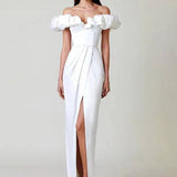 One-Shoulder Puff Sleeve Wrap Chest Slit Long Dress