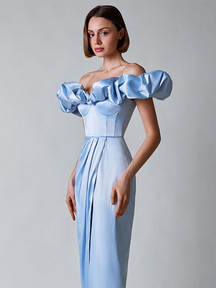 One-Shoulder Puff Sleeve Wrap Chest Slit Long Dress