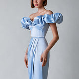 One-Shoulder Puff Sleeve Wrap Chest Slit Long Dress