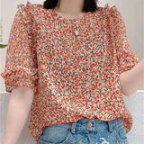 Summer Casual Style Flower Printed Short Lantern Sleeve O-Neck Blouse