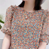 Summer Casual Style Flower Printed Short Lantern Sleeve O-Neck Blouse