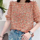 Summer Casual Style Flower Printed Short Lantern Sleeve O-Neck Blouse
