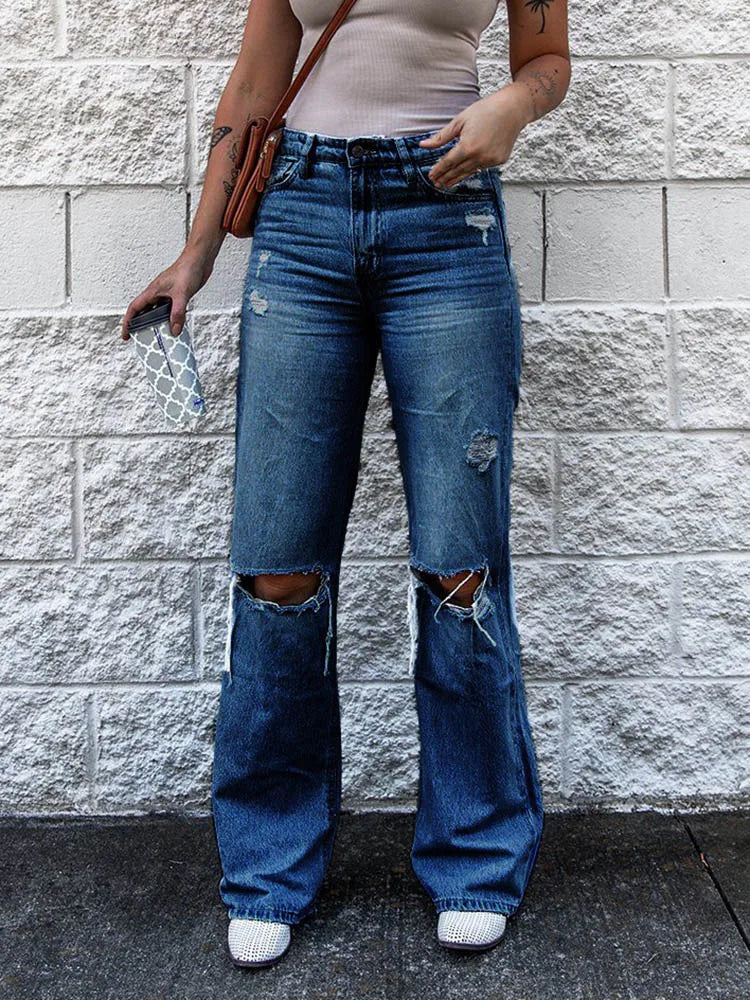 Women Baggy Ripped Punk Distressed Bell Bottom Trouser