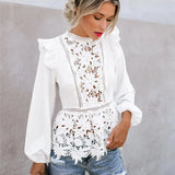 Women's Long Sleeve Floral Lace White Hollow Back Summer Beach Elegant Party Shirt Blouse