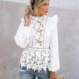 Women's Long Sleeve Floral Lace White Hollow Back Summer Beach Elegant Party Shirt Blouse