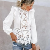Women's Long Sleeve Floral Lace White Hollow Back Summer Beach Elegant Party Shirt Blouse