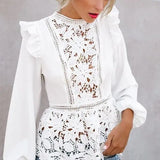 Women's Long Sleeve Floral Lace White Hollow Back Summer Beach Elegant Party Shirt Blouse
