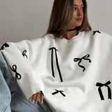 Women Bows Printed White Knitted Loose Pullover Fashion O Neck Long Sleeve Oversized Sweater