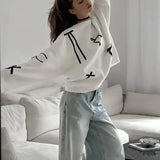 Women Bows Printed White Knitted Loose Pullover Fashion O Neck Long Sleeve Oversized Sweater