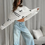 Women Bows Printed White Knitted Loose Pullover Fashion O Neck Long Sleeve Oversized Sweater