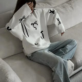 Women Bows Printed White Knitted Loose Pullover Fashion O Neck Long Sleeve Oversized Sweater