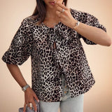Women's Leopard Fashion Summer V-neck Cardigan Lace-up Animal Print Short-sleeved 2025 Female Shirt Blouse