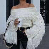 Women Chic Off Shoulder Tassel Pullover Sexy Slash Neck Long Sleeve Sweater