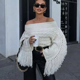 Women Chic Off Shoulder Tassel Pullover Sexy Slash Neck Long Sleeve Sweater