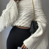 Women Chic Off Shoulder Tassel Pullover Sexy Slash Neck Long Sleeve Sweater