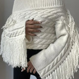 Women Chic Off Shoulder Tassel Pullover Sexy Slash Neck Long Sleeve Sweater