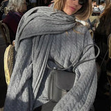 Women Chic With Scarf Knitted Fashion O Neck Basic Long Sleeves Sweater