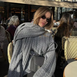 Women Chic With Scarf Knitted Fashion O Neck Basic Long Sleeves Sweater