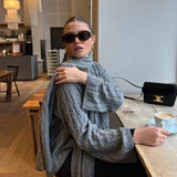 Women Chic With Scarf Knitted Fashion O Neck Basic Long Sleeves Sweater