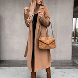 2025 Seeve Waist Outerwear Tolid Long Slurn Down Collar Coat