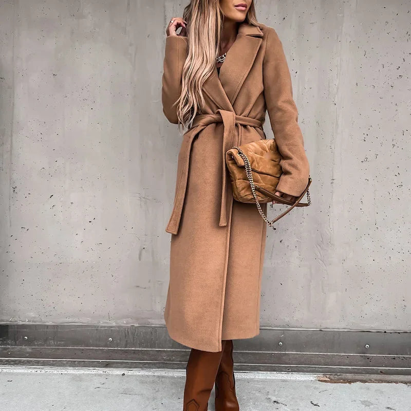 2025 Seeve Waist Outerwear Tolid Long Slurn Down Collar Coat
