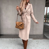 2025 Seeve Waist Outerwear Tolid Long Slurn Down Collar Coat