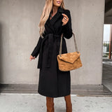 2025 Seeve Waist Outerwear Tolid Long Slurn Down Collar Coat