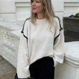 Women Contrasting Knitted Elegant O Neck Long Sleeve Loose Sweater