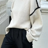 Women Contrasting Knitted Elegant O Neck Long Sleeve Loose Sweater