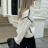 Women Contrasting Knitted Elegant O Neck Long Sleeve Loose Sweater