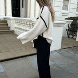 Women Contrasting Knitted Elegant O Neck Long Sleeve Loose Sweater