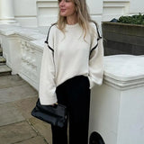 Women Contrasting Knitted Elegant O Neck Long Sleeve Loose Sweater