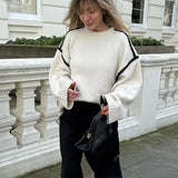 Women Contrasting Knitted Elegant O Neck Long Sleeve Loose Sweater