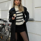Women Contrasting Striped Long Sleeved Knitted Pullover Elegant High Collar Sweater