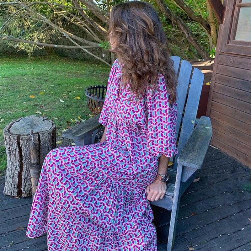 Casual Summer Floral Printing V-Neck Boho Dress