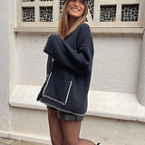Women Edge Contrast V-neck Loose Knitted Long Sleeve Patchwork Sweater