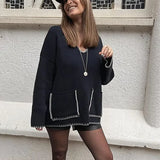 Women Edge Contrast V-neck Loose Knitted Long Sleeve Patchwork Sweater