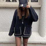 Women Edge Contrast V-neck Loose Knitted Long Sleeve Patchwork Sweater