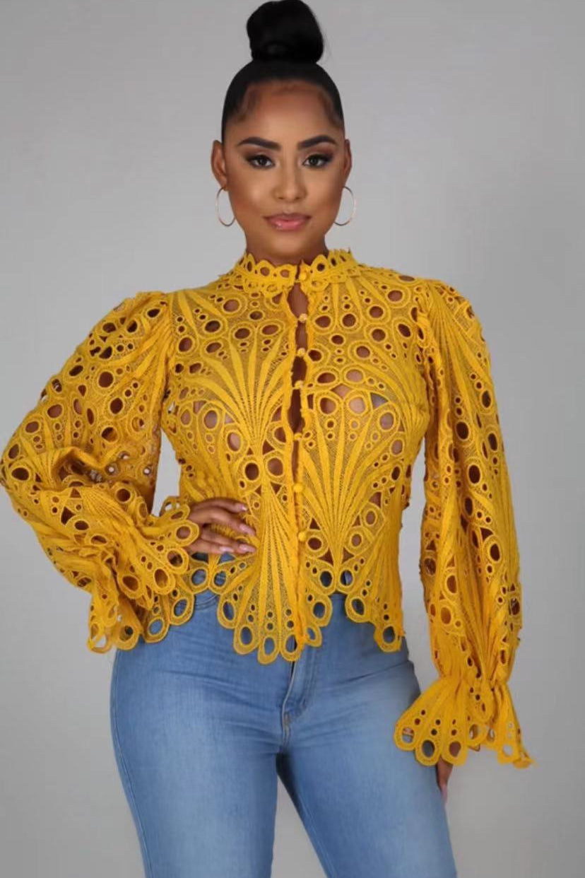 Elegant Lace See Though Ruffles Lantern Blouse