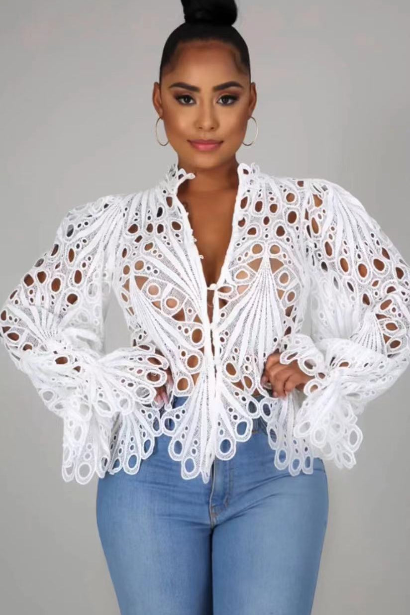 Elegant Lace See Though Ruffles Lantern Blouse