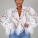 Elegant Lace See Though Ruffles Lantern Blouse