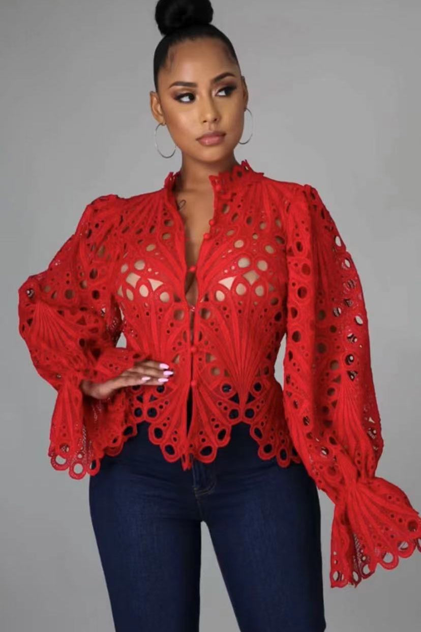 Elegant Lace See Though Ruffles Lantern Blouse