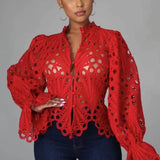 Elegant Lace See Though Ruffles Lantern Blouse