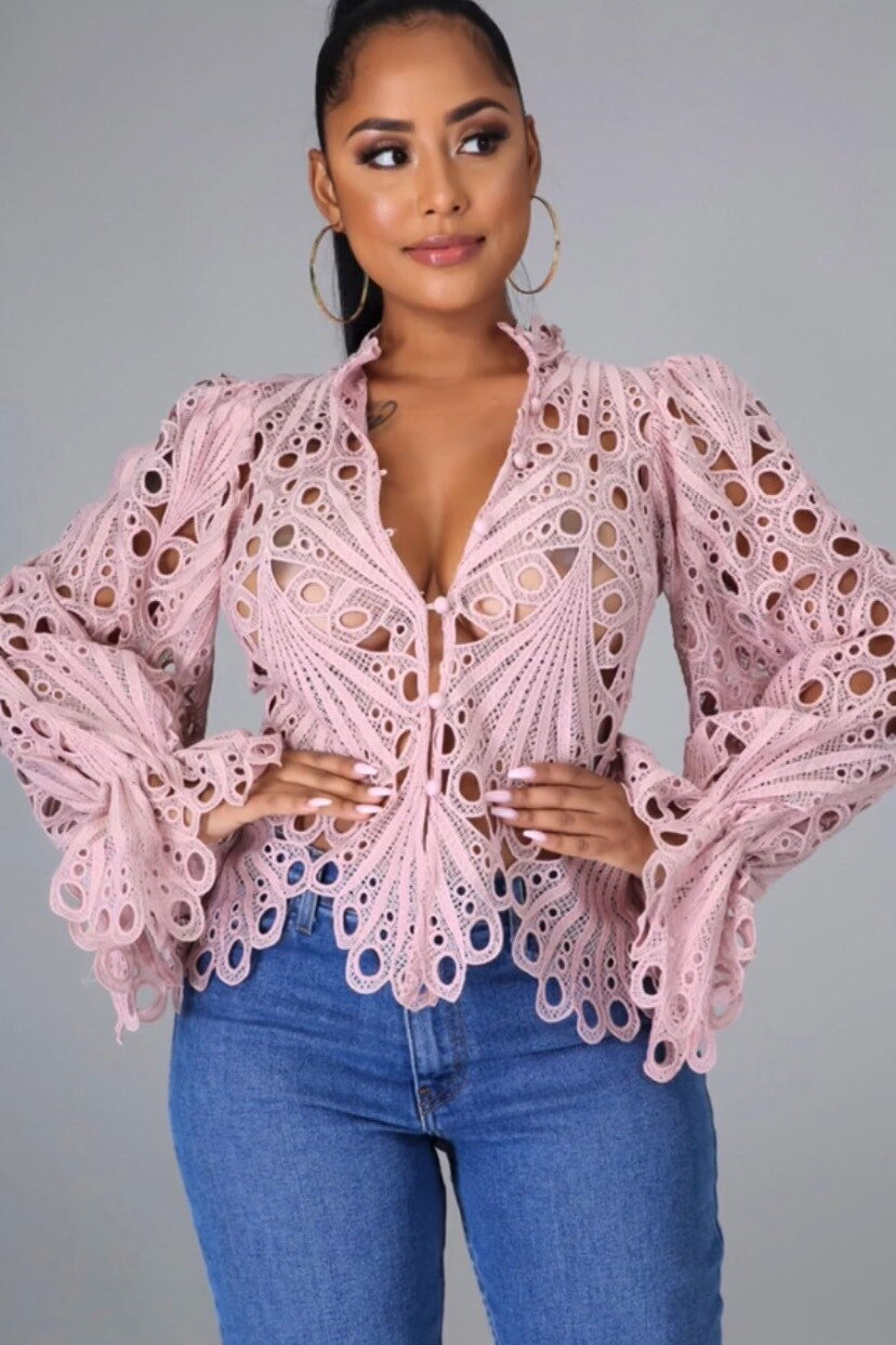 Elegant Lace See Though Ruffles Lantern Blouse