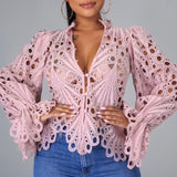 Elegant Lace See Though Ruffles Lantern Blouse